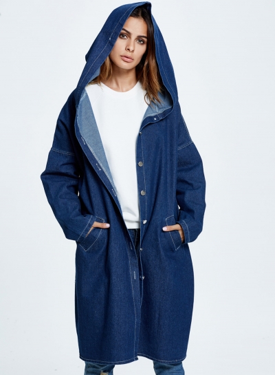 Hooded Long Jean Coat Casual Long Sleeve Denim Jacket Outwear Overcoat