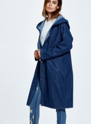 Hooded Long Jean Coat Casual Long Sleeve Denim Jacket Outwear Overcoat