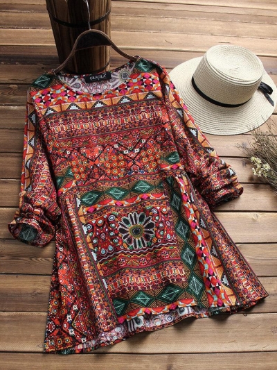 Casual Tribal Long Sleeve Printed Cotton Blouse zecalaba.com