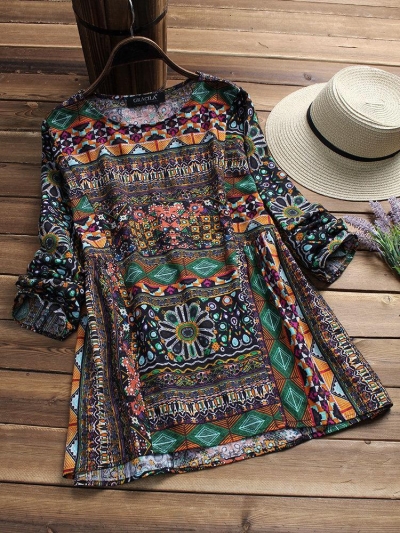 Casual Tribal Long Sleeve Printed Cotton Blouse YOYOTSHOP.com