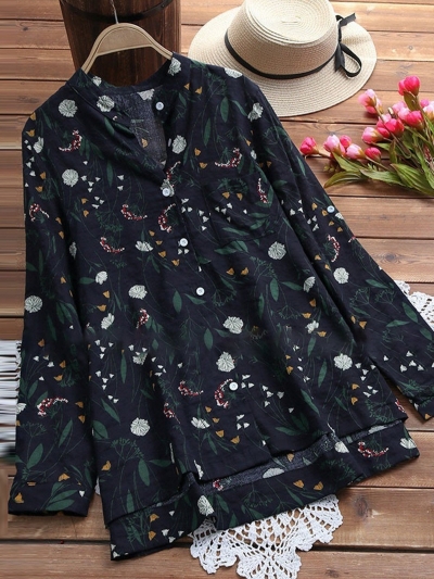 Elegant Cotton Floral Plus Size Stand Collar Printed/Dyed Blouse YOYOTSHOP.com