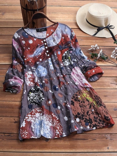 Vintage Print Pleated Crew Neck Button Long Sleeve Plus Size Shirts YOYOTSHOP.com