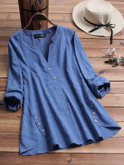 Vintage Plaid Side Button V-neck Long Sleeve Plus Size Shirt YOYOTSHOP.com