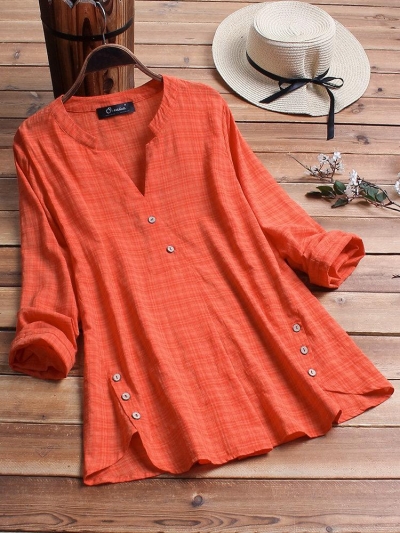 Vintage Plaid Side Button V-neck Long Sleeve Plus Size Shirt lonhooker.com