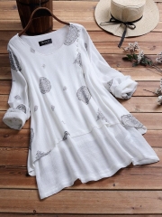 Ethnic Print Patch Long Sleeve Crew Neck Blouse