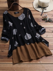 Ethnic Print Patch Long Sleeve Crew Neck Blouse