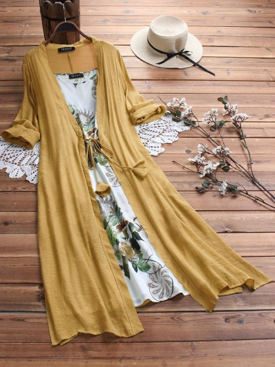 Vintage Boho Print Lace Two-piece 3/4 Sleeve Dress zecalaba.com