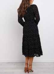 Polka Dot Print Ruffled Midi Dress In Black