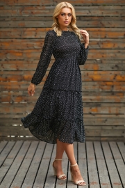 Polka Dot Print Ruffled Midi Dress In Black