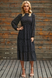 Polka Dot Print Ruffled Midi Dress In Black