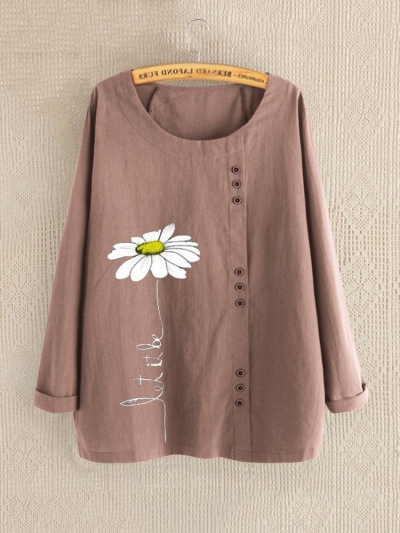 Casual Print Daisy Button Long Sleeve Shirt zecalaba.com