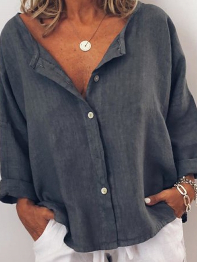 Casual Solid V Neck  Long Sleeve Buttoned Blouse