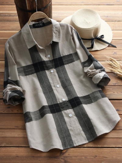 Vintage Plaid Long Sleeve Turn-down Collar Shirts zecalaba.com