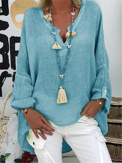 Chic Solid Color V Neck Long Sleeve Blouse zecalaba.com