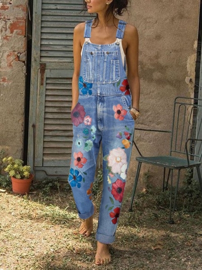 Sleeveless Denim Floral Floral-Print One-Pieces zecalaba.com