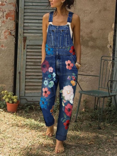 Sleeveless Denim Floral Floral-Print One-Pieces YOYOTSHOP.com