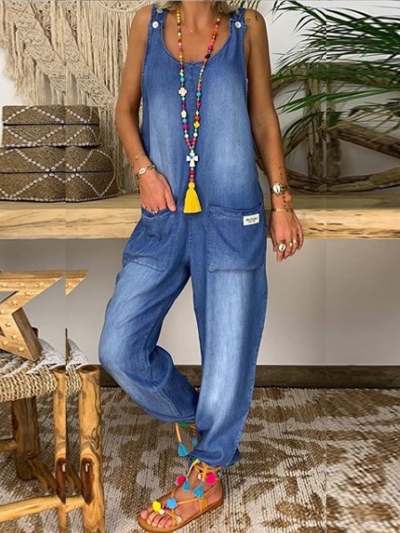 U-Neck Sleeveless Denim One-Pieces zecalaba.com