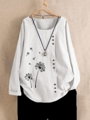 Print Flower Long Sleeve Button Crew Neck Autumn Shirt