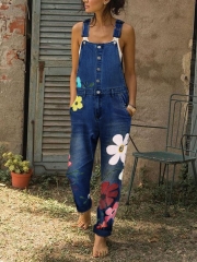 Sleeveless Denim Floral Floral-Print One-Pieces