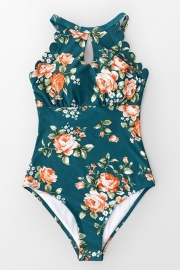 Teal Floral Scalloped One-piece Swimsuit