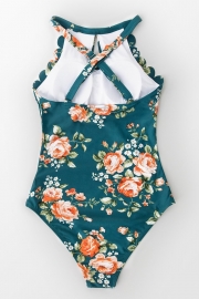 Teal Floral Scalloped One-piece Swimsuit