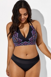 Black and Purple Printed Halter Sexy Bikini Set