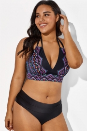 Black and Purple Printed Halter Sexy Bikini Set