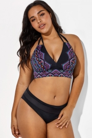 Black and Purple Printed Halter Sexy Bikini Set