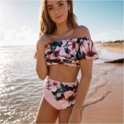 Floral Print Off Shoulder High Waist Bikini Set