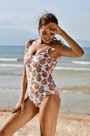 Peach Print Tie Strap One-Piece Swimsuits