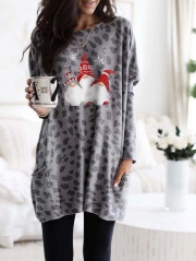 WOMEN'S SCANDINAVIAN GNOMES CHRISTMAS LEOPARD PRINT LONG SHIRT