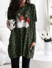 WOMEN'S SCANDINAVIAN GNOMES CHRISTMAS LEOPARD PRINT LONG SHIRT