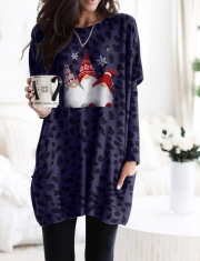 WOMEN'S SCANDINAVIAN GNOMES CHRISTMAS LEOPARD PRINT LONG SHIRT