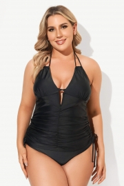 Black Deep V-Neck Self-Tie Plunge Tankini Set