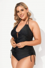 Black Deep V-Neck Self-Tie Plunge Tankini Set