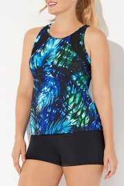 CHLORINE RESISTANT HIGH NECK RACERBACK TANKINI SET WITH BOY SHORT