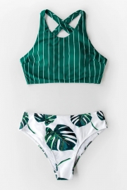 Teal Stripe And Leaves Print Bikini