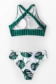 Teal Stripe And Leaves Print Bikini