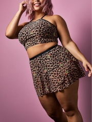 LEOPARD FLORAL MESH HIGH WAIST SKATER BIKINI SET