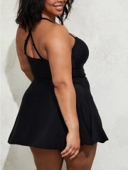 BLACK CRISSCROSS PEPLUM SWIM DRESS - LONG
