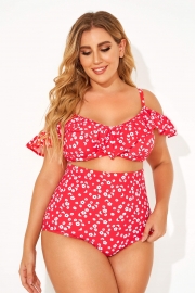 Red Floral Ruffled Underwire Women Bikini Top