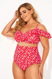 Red Floral Ruffled Underwire Women Bikini Top