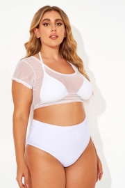 White Self-tie Halter Straps Mesh Crop Bikini Top