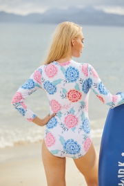 Women's Floral Zip Front Rash Guard Long Sleeve Round Neck One Piece Swimsuit