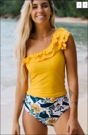 Ruffled One Shoulder Flower Print Tankini Set