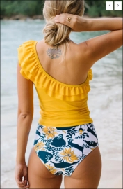 Ruffled One Shoulder Flower Print Tankini Set