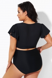 Black Flutter-Sleeve Elegant Swim Bikini Top