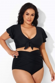 Black Flutter-Sleeve Elegant Swim Bikini Top