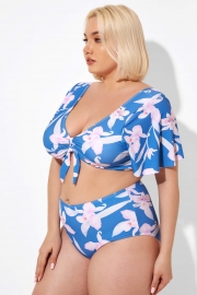 Blue Flower Print Bow V-neck Bikini Top