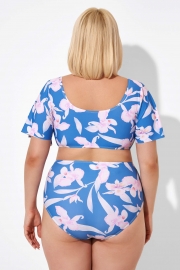 Blue Flower Print Bow V-neck Bikini Top